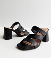 New Look Wide Fit Black Leather-Look Asymmetric Strap Block Heel Mules
